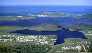A birdseye view of Walpole township, Walpole Inlet, Nornalup Inlet, and the Southern Ocean.